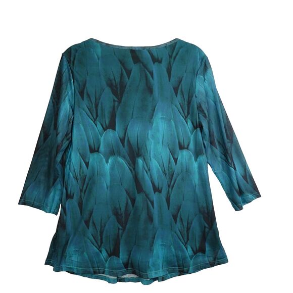 Timeson Tunic Blouse Womens Large Teal Turquoise Peacock Feathers Leaves Lined - Picture 2 of 15